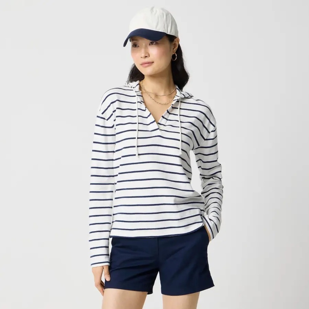 J. Crew Navy Striped V Neck Beach Hoodie Sweater Nautical Size‎ M Preppy
